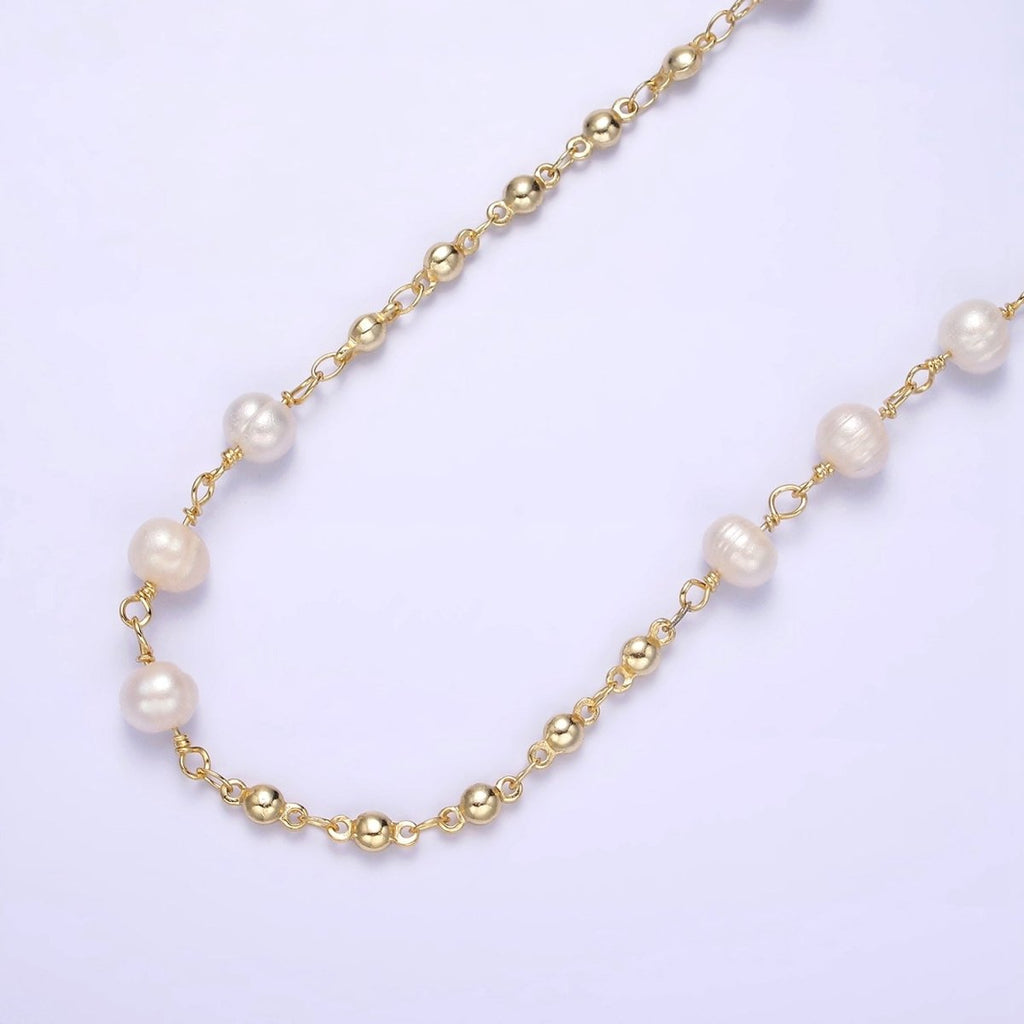 24K Gold plated Triple Button Triple Freshwater Pearl Multiple Bead Unfinished Chain For Jewelry Making | ROLL-1406 Clearance Pricing - DLUXCA