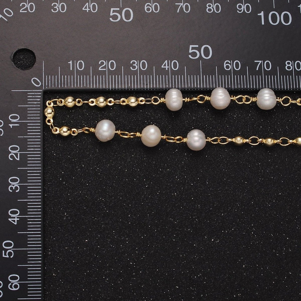 24K Gold plated Triple Button Triple Freshwater Pearl Multiple Bead Unfinished Chain For Jewelry Making | ROLL-1406 Clearance Pricing - DLUXCA