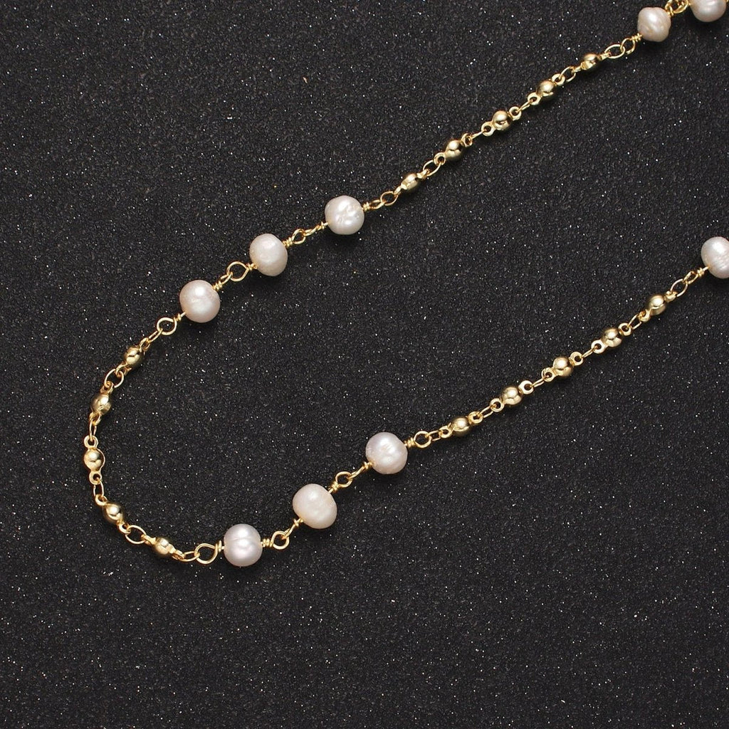 24K Gold plated Triple Button Triple Freshwater Pearl Multiple Bead Unfinished Chain For Jewelry Making | ROLL-1406 Clearance Pricing - DLUXCA