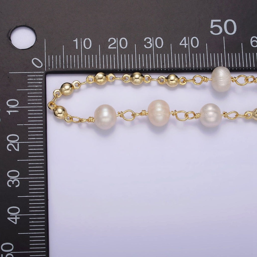 24K Gold plated Triple Button Triple Freshwater Pearl Multiple Bead Unfinished Chain For Jewelry Making | ROLL-1406 Clearance Pricing - DLUXCA