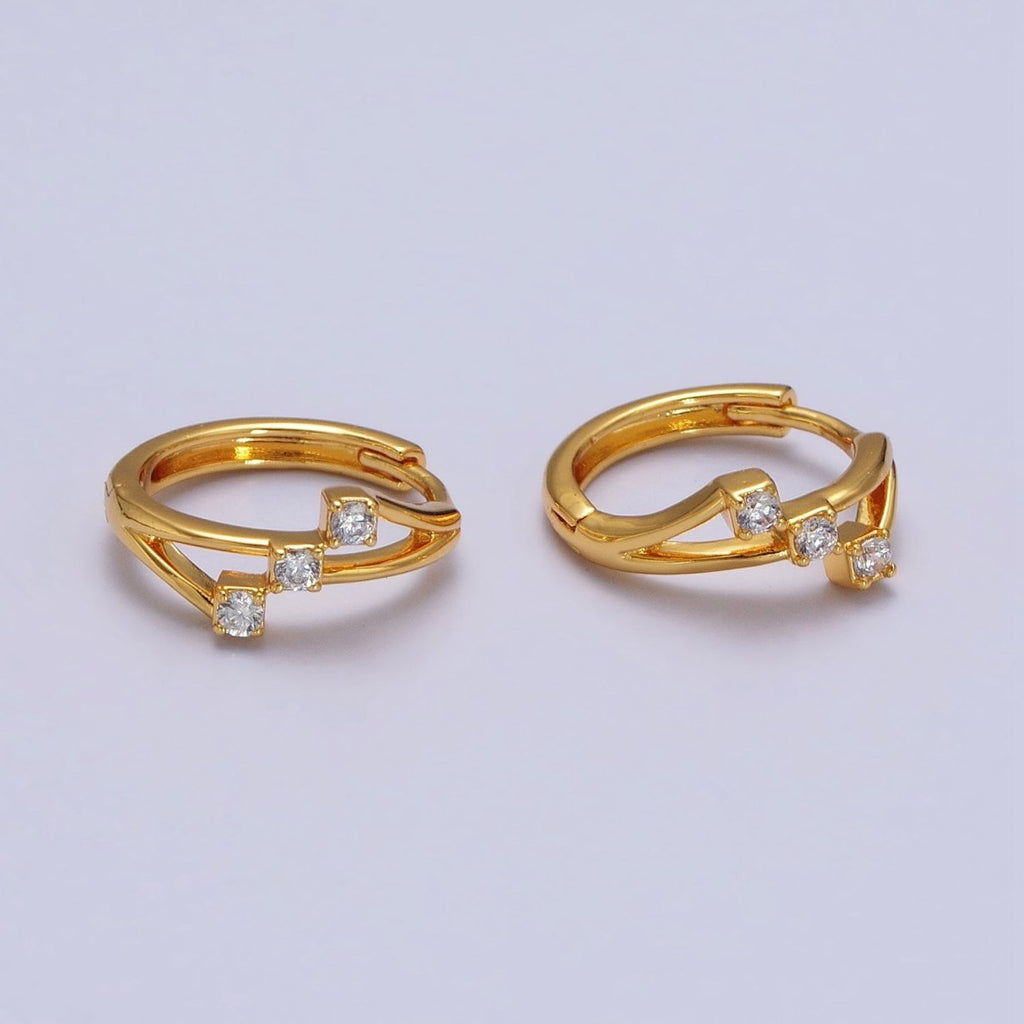 24K Gold plated Triple Clear Round CZ Geometric Lined Huggie Earrings | AB119 - DLUXCA