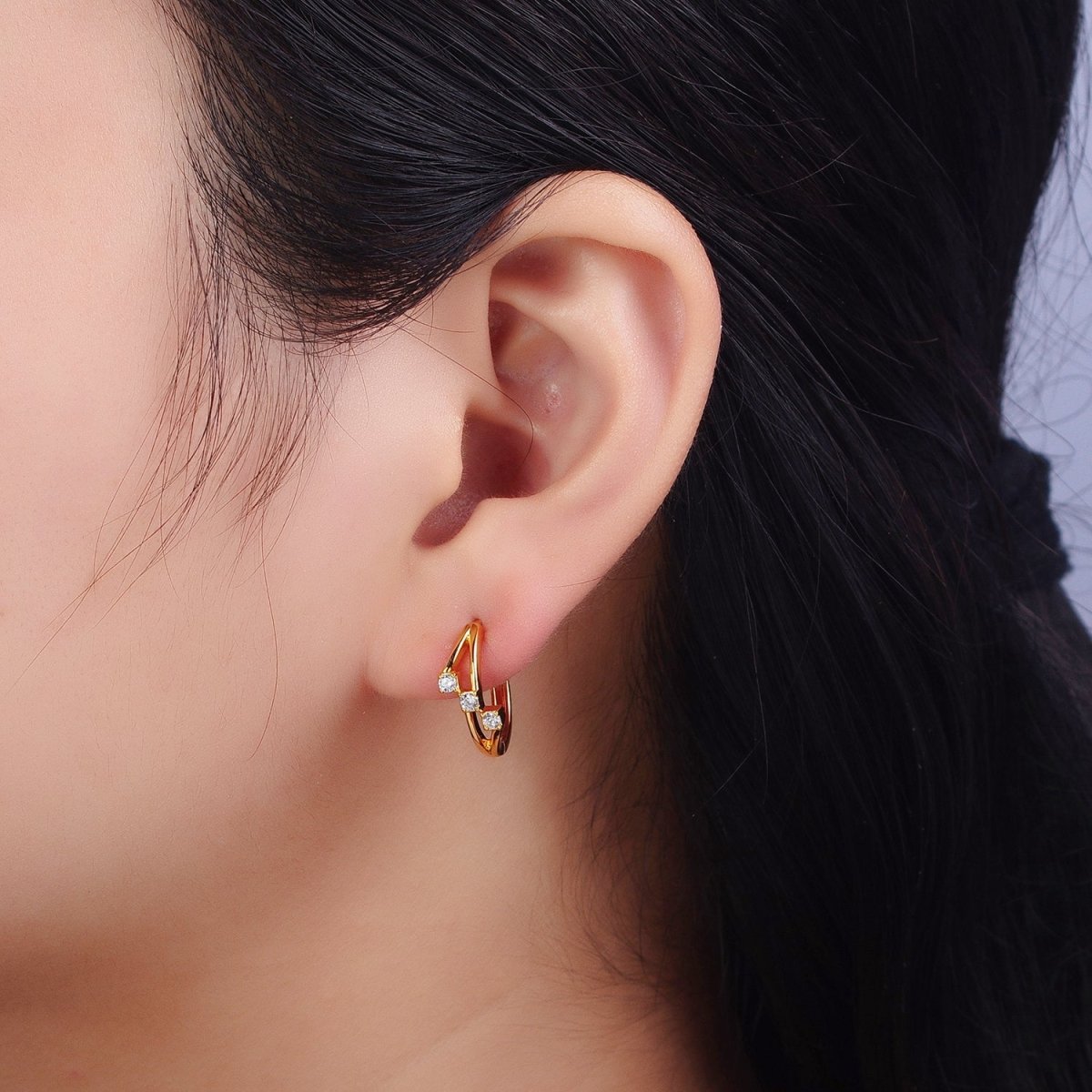 24K Gold plated Triple Clear Round CZ Geometric Lined Huggie Earrings | AB119 - DLUXCA
