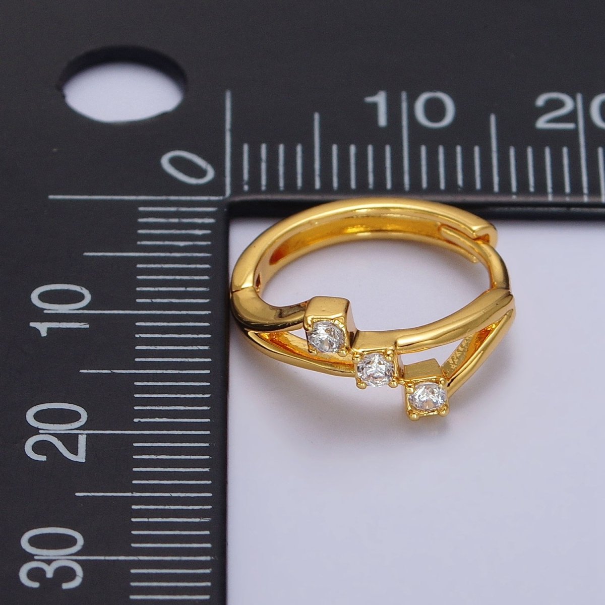 24K Gold plated Triple Clear Round CZ Geometric Lined Huggie Earrings | AB119 - DLUXCA