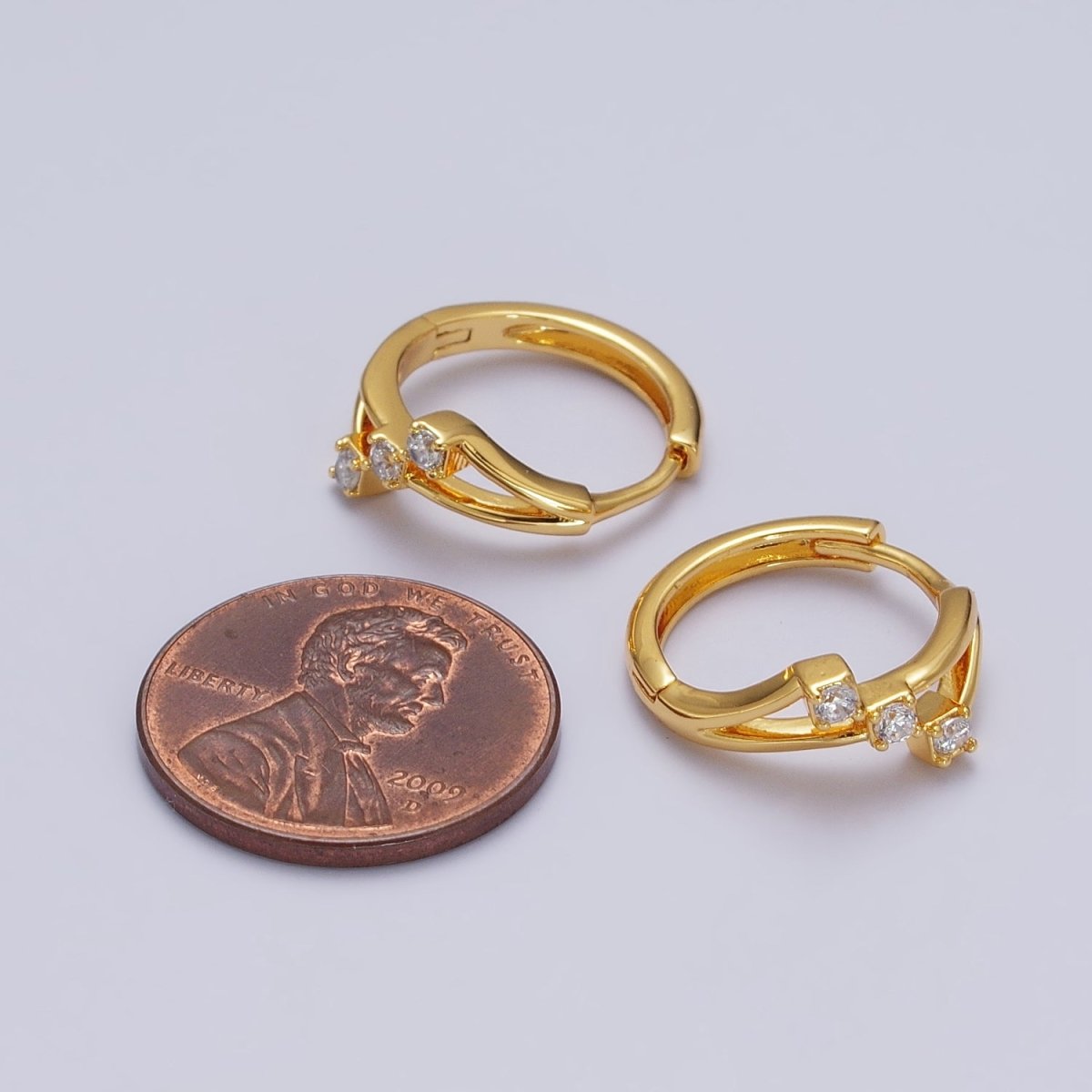24K Gold plated Triple Clear Round CZ Geometric Lined Huggie Earrings | AB119 - DLUXCA