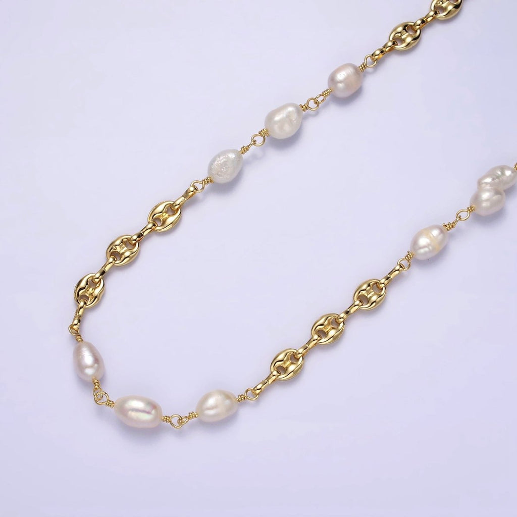 24K Gold plated Triple Freshwater Pearl Anchor Link Unfinished Jewelry Making Chain | ROLL-1407 Clearance Pricing - DLUXCA