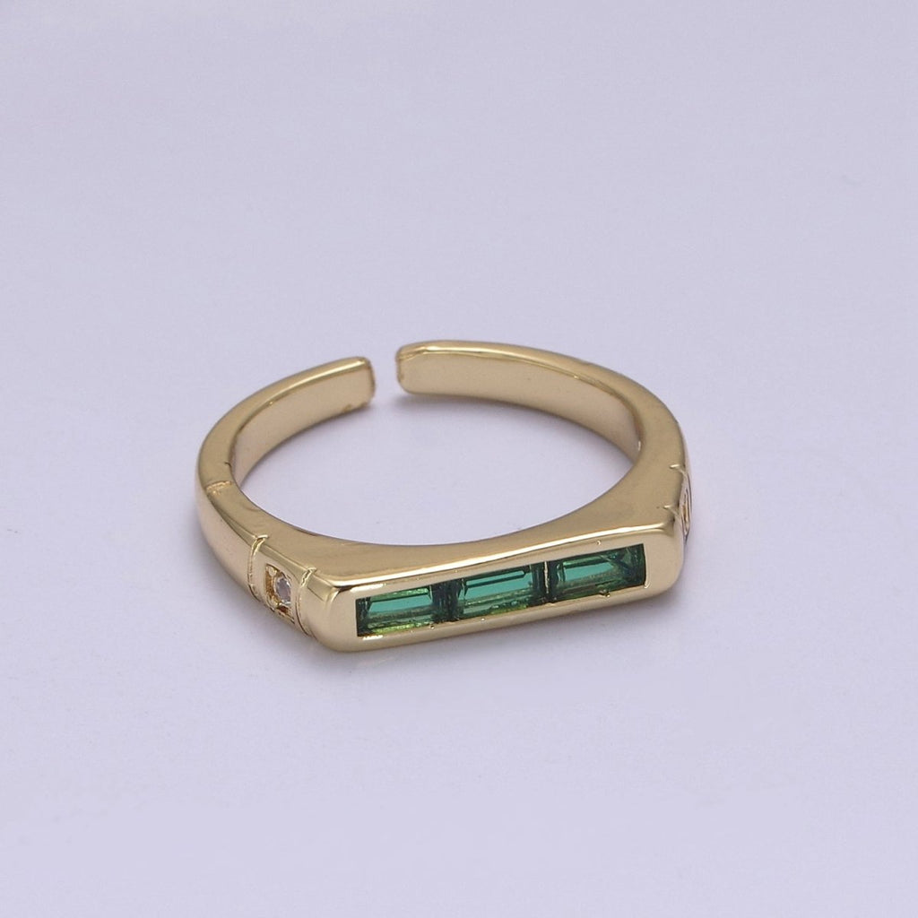 24K Gold plated Triple Green, Clear Baguette CZ Cubic Crystal Zirconia Flat Bar Signet Adjustable Ring S-360 S-361 - DLUXCA