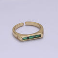 24K Gold plated Triple Green, Clear Baguette CZ Cubic Crystal Zirconia Flat Bar Signet Adjustable Ring S-360 S-361 - DLUXCA