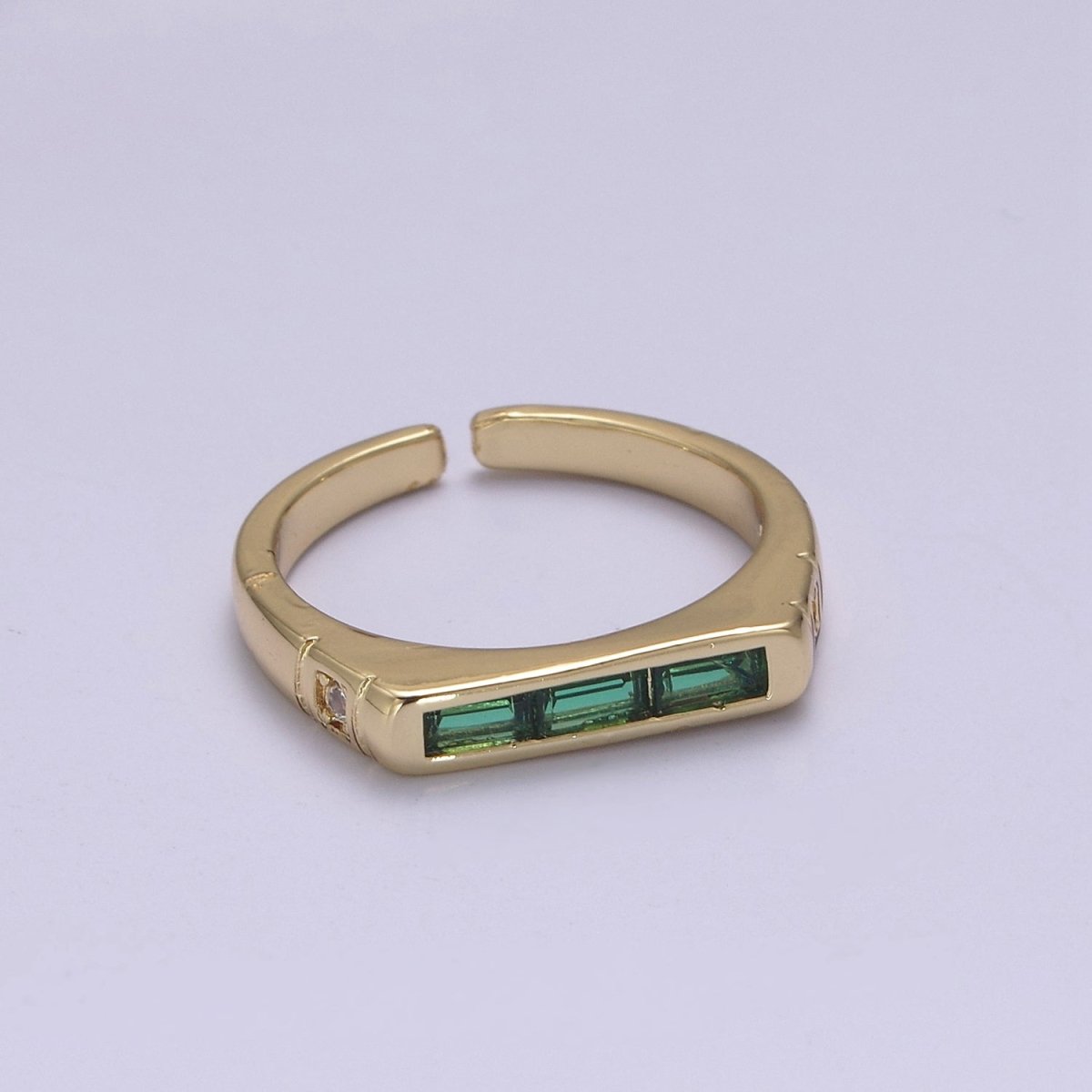 24K Gold plated Triple Green, Clear Baguette CZ Cubic Crystal Zirconia Flat Bar Signet Adjustable Ring S-360 S-361 - DLUXCA