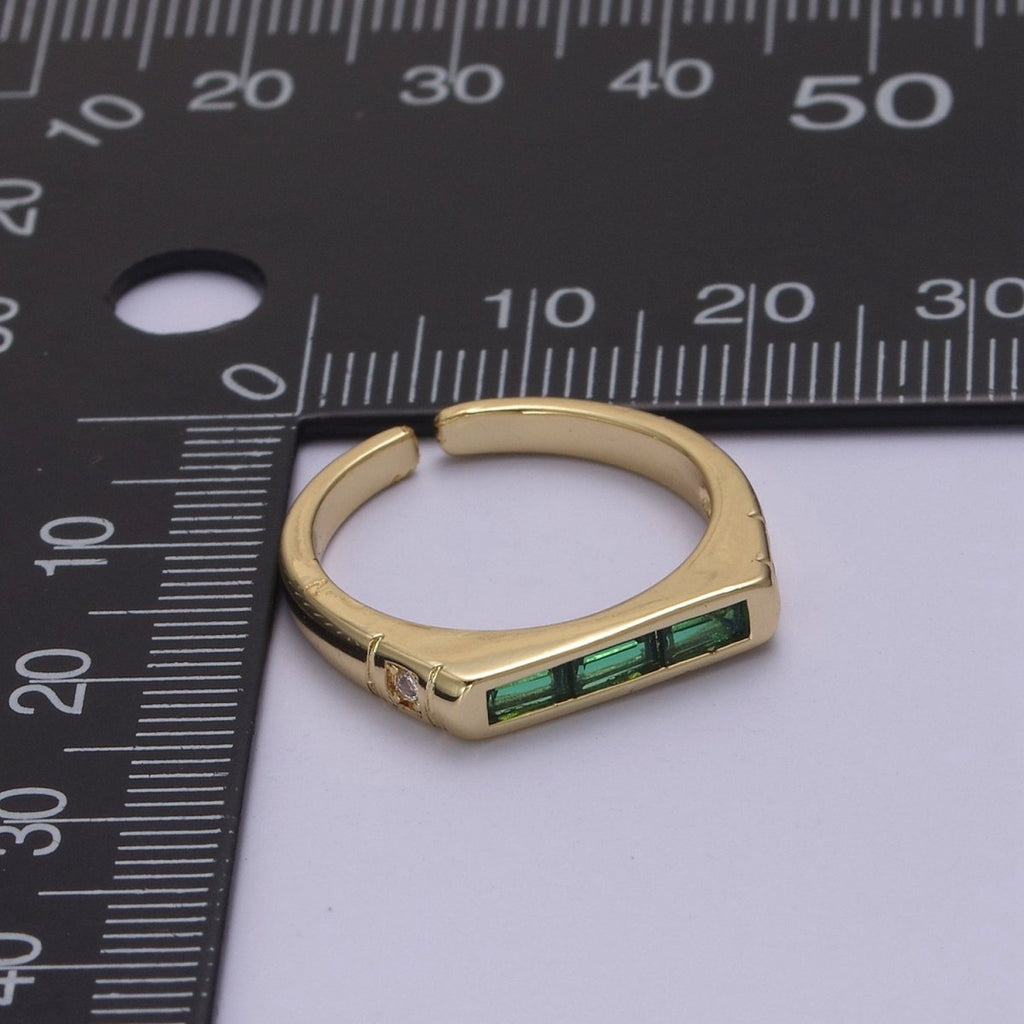 24K Gold plated Triple Green, Clear Baguette CZ Cubic Crystal Zirconia Flat Bar Signet Adjustable Ring S-360 S-361 - DLUXCA
