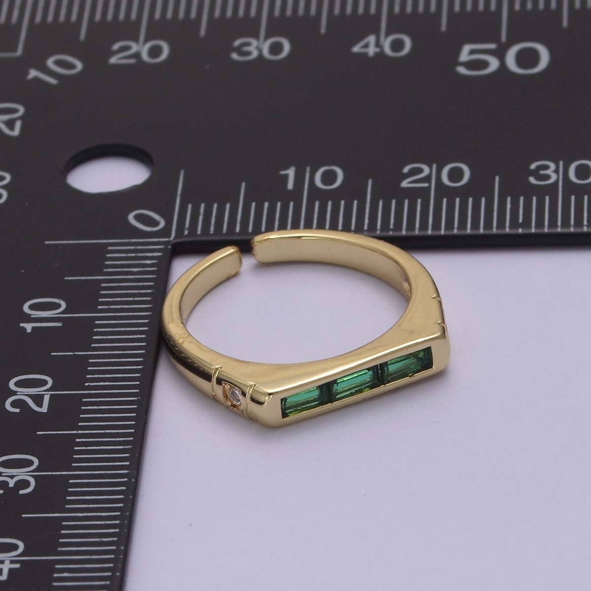 24K Gold plated Triple Green, Clear Baguette CZ Cubic Crystal Zirconia Flat Bar Signet Adjustable Ring S-360 S-361 - DLUXCA