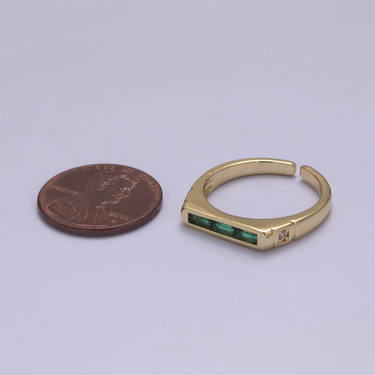 24K Gold plated Triple Green, Clear Baguette CZ Cubic Crystal Zirconia Flat Bar Signet Adjustable Ring S-360 S-361 - DLUXCA