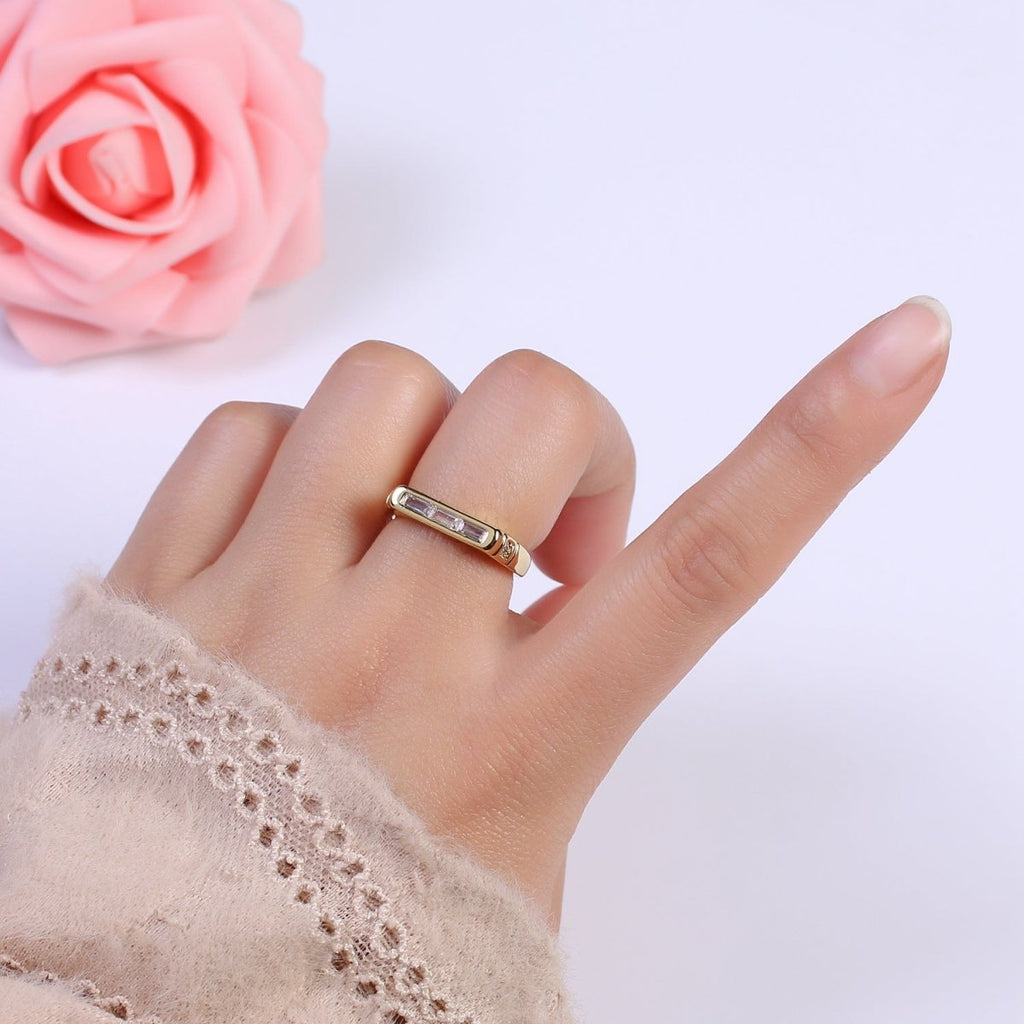 24K Gold plated Triple Green, Clear Baguette CZ Cubic Crystal Zirconia Flat Bar Signet Adjustable Ring S-360 S-361 - DLUXCA