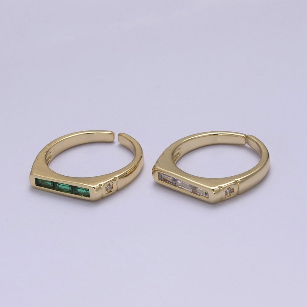 24K Gold plated Triple Green, Clear Baguette CZ Cubic Crystal Zirconia Flat Bar Signet Adjustable Ring S-360 S-361 - DLUXCA