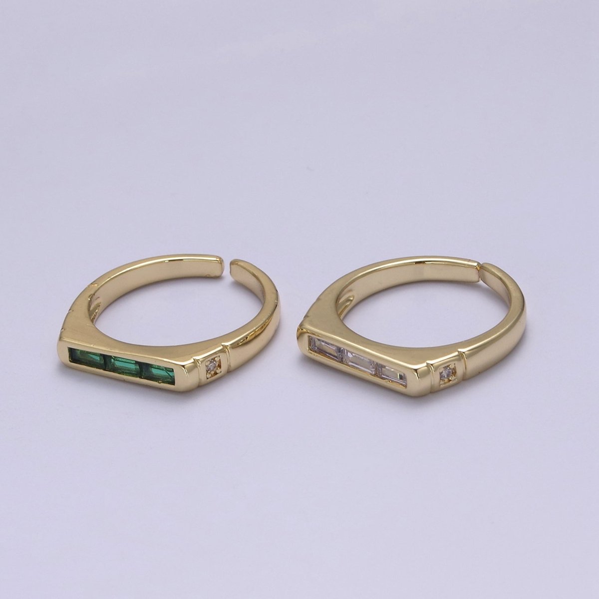 24K Gold plated Triple Green, Clear Baguette CZ Cubic Crystal Zirconia Flat Bar Signet Adjustable Ring S-360 S-361 - DLUXCA