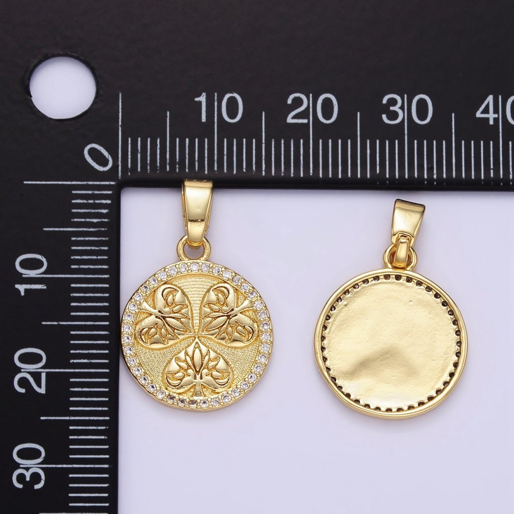 24K Gold plated Triple Leaves Textured Micro Paved CZ Round Pendant | AA1353 - DLUXCA