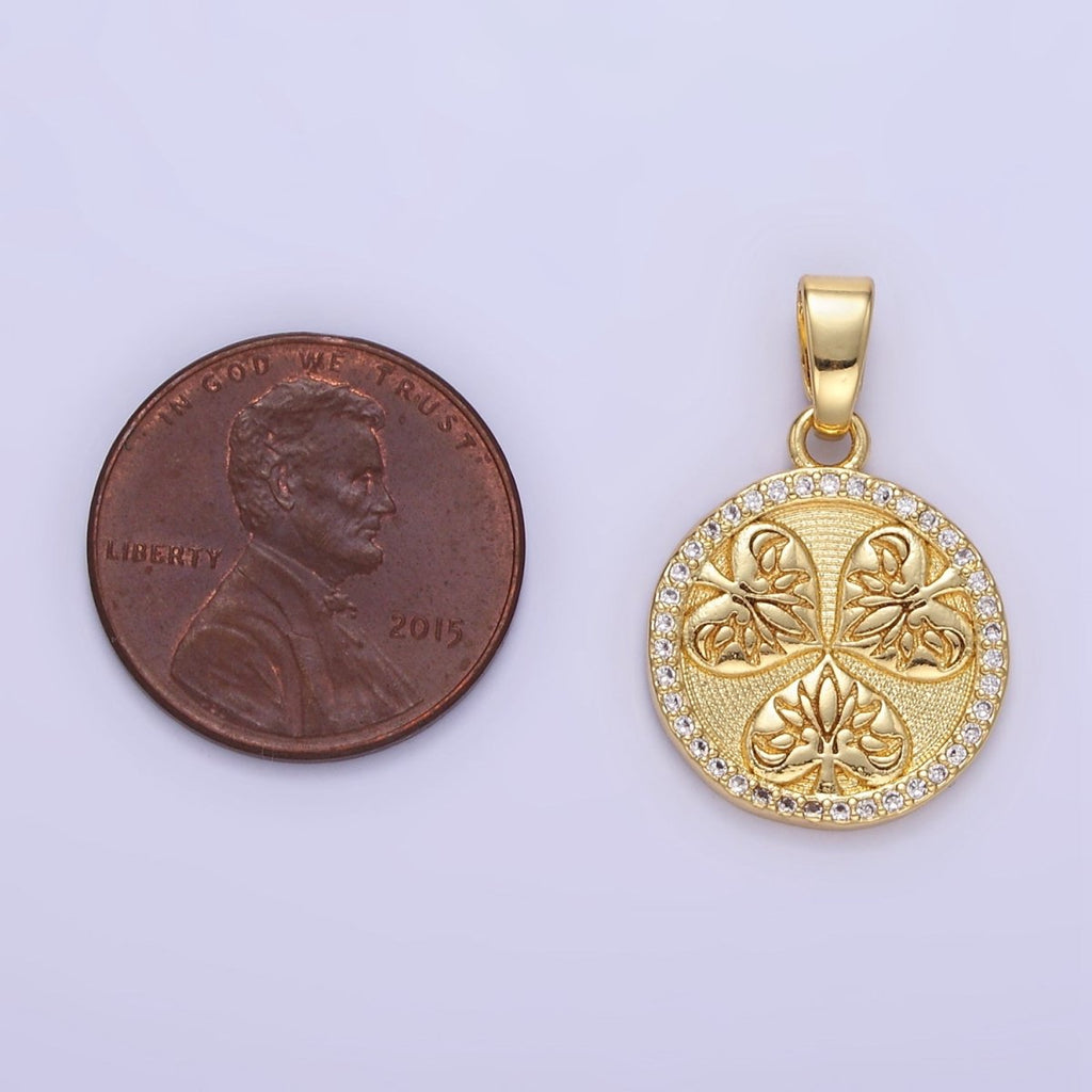 24K Gold plated Triple Leaves Textured Micro Paved CZ Round Pendant | AA1353 - DLUXCA