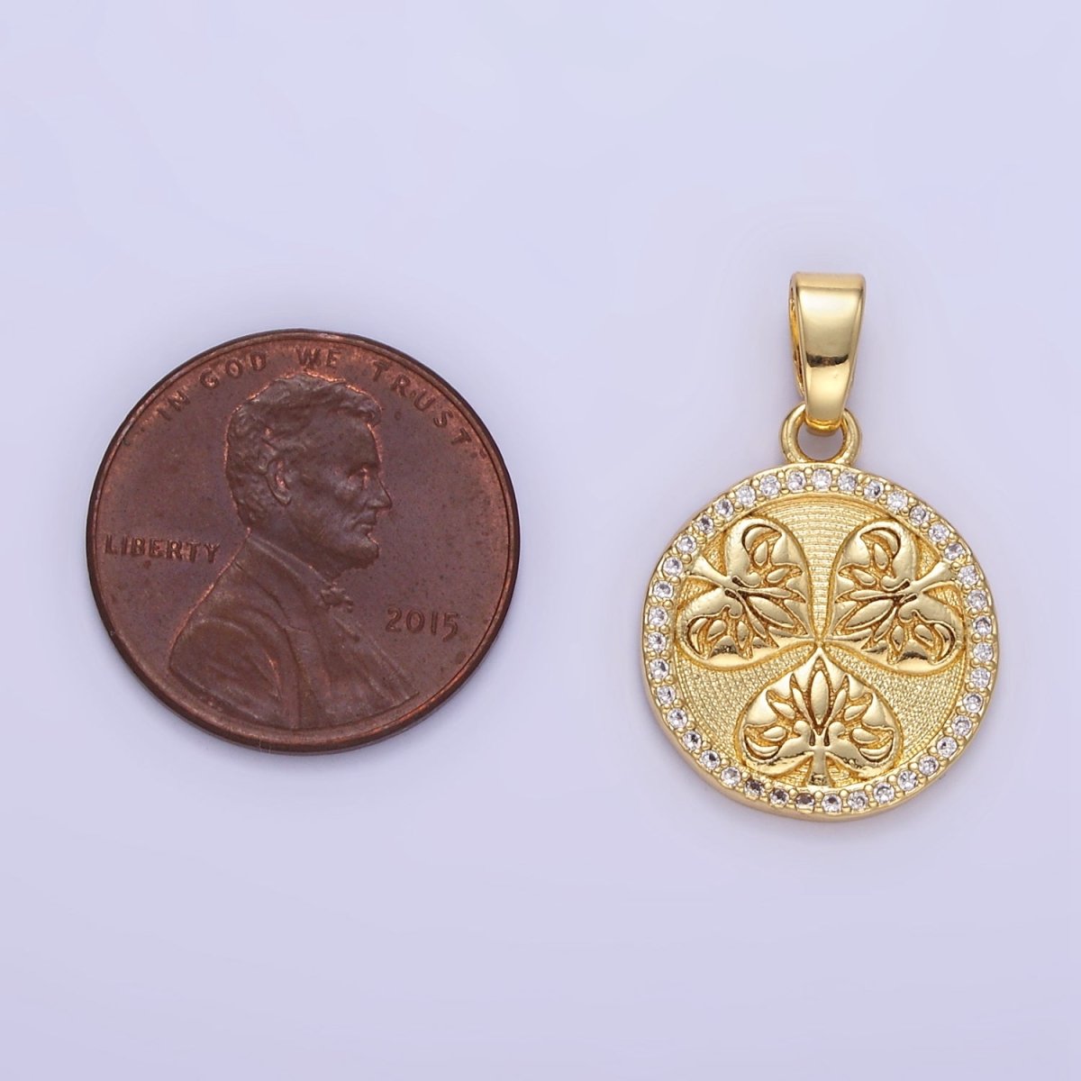 24K Gold plated Triple Leaves Textured Micro Paved CZ Round Pendant | AA1353 - DLUXCA