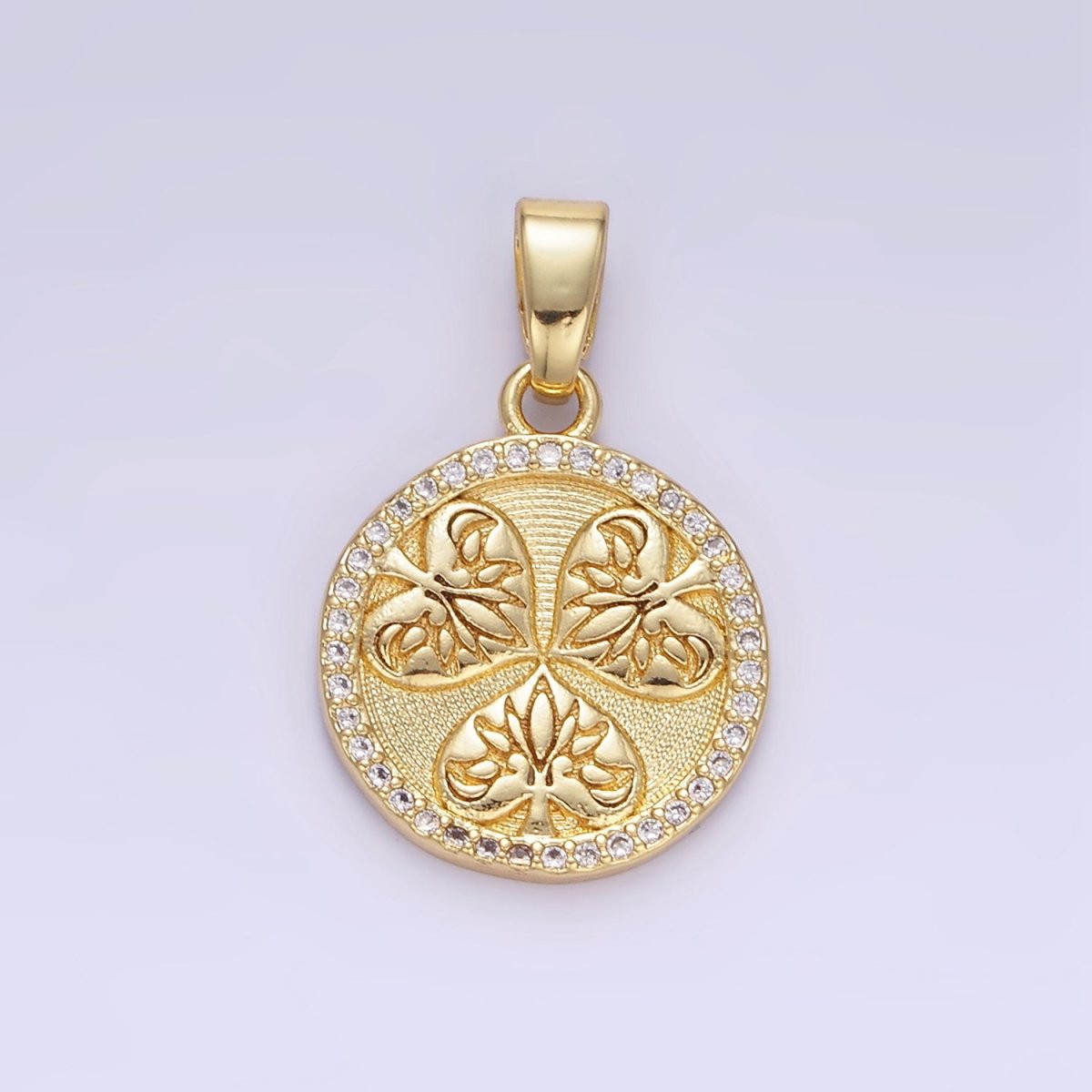 24K Gold plated Triple Leaves Textured Micro Paved CZ Round Pendant | AA1353 - DLUXCA