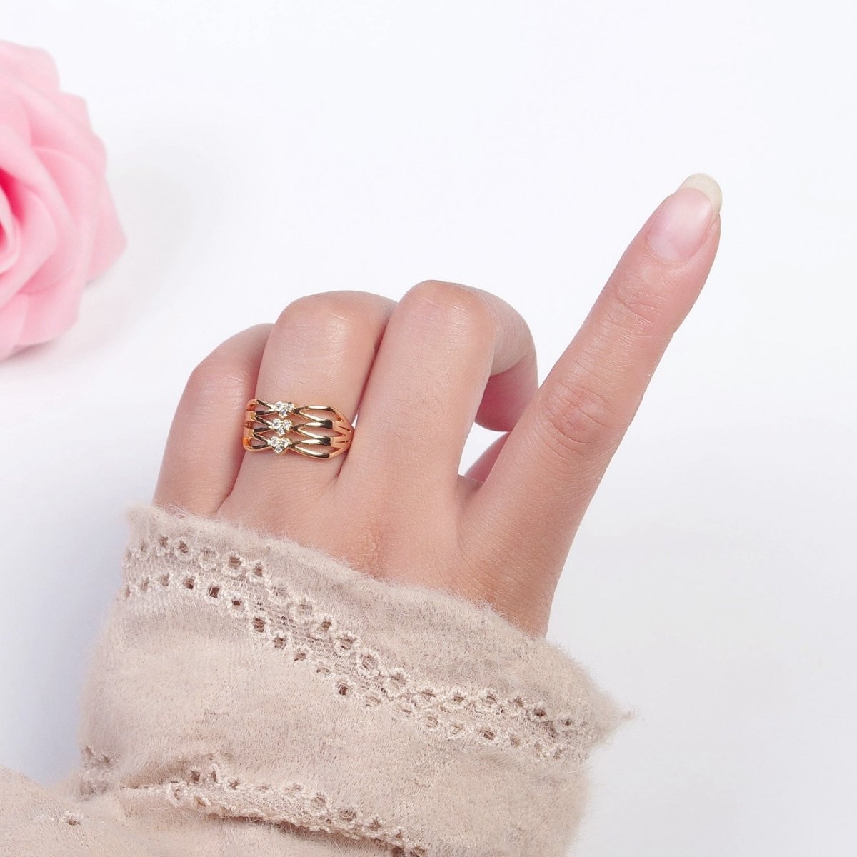 24K Gold plated Triple Sharp Oval Band Micro Pave Clear Three Hearts Cubic Zirconia Adjustable Ring S-231 - DLUXCA