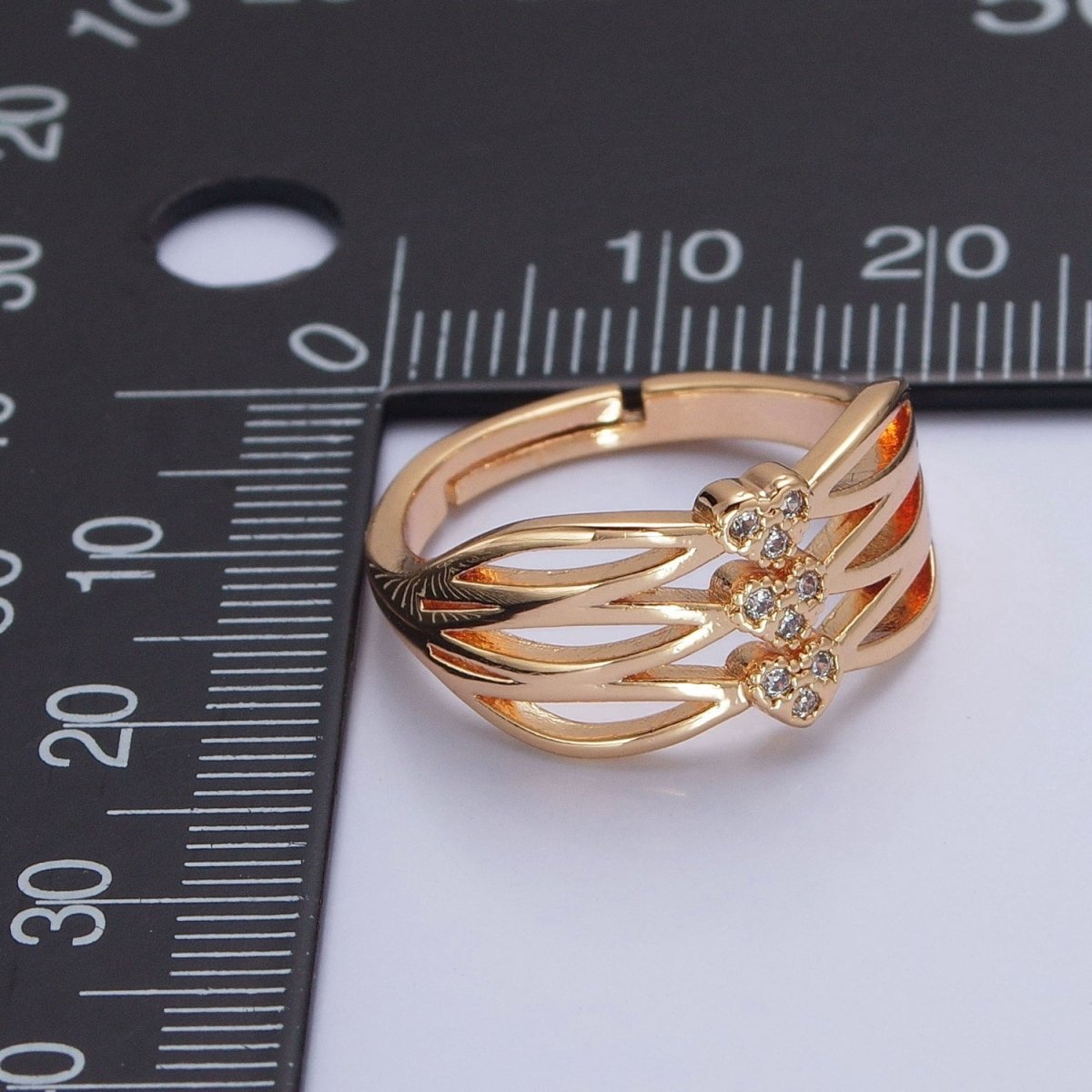 24K Gold plated Triple Sharp Oval Band Micro Pave Clear Three Hearts Cubic Zirconia Adjustable Ring S-231 - DLUXCA