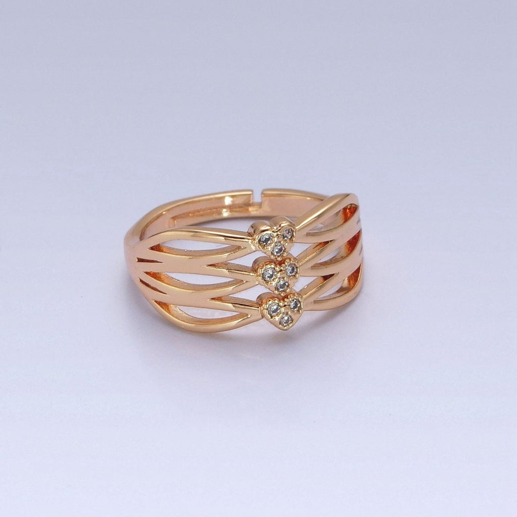 24K Gold plated Triple Sharp Oval Band Micro Pave Clear Three Hearts Cubic Zirconia Adjustable Ring S-231 - DLUXCA