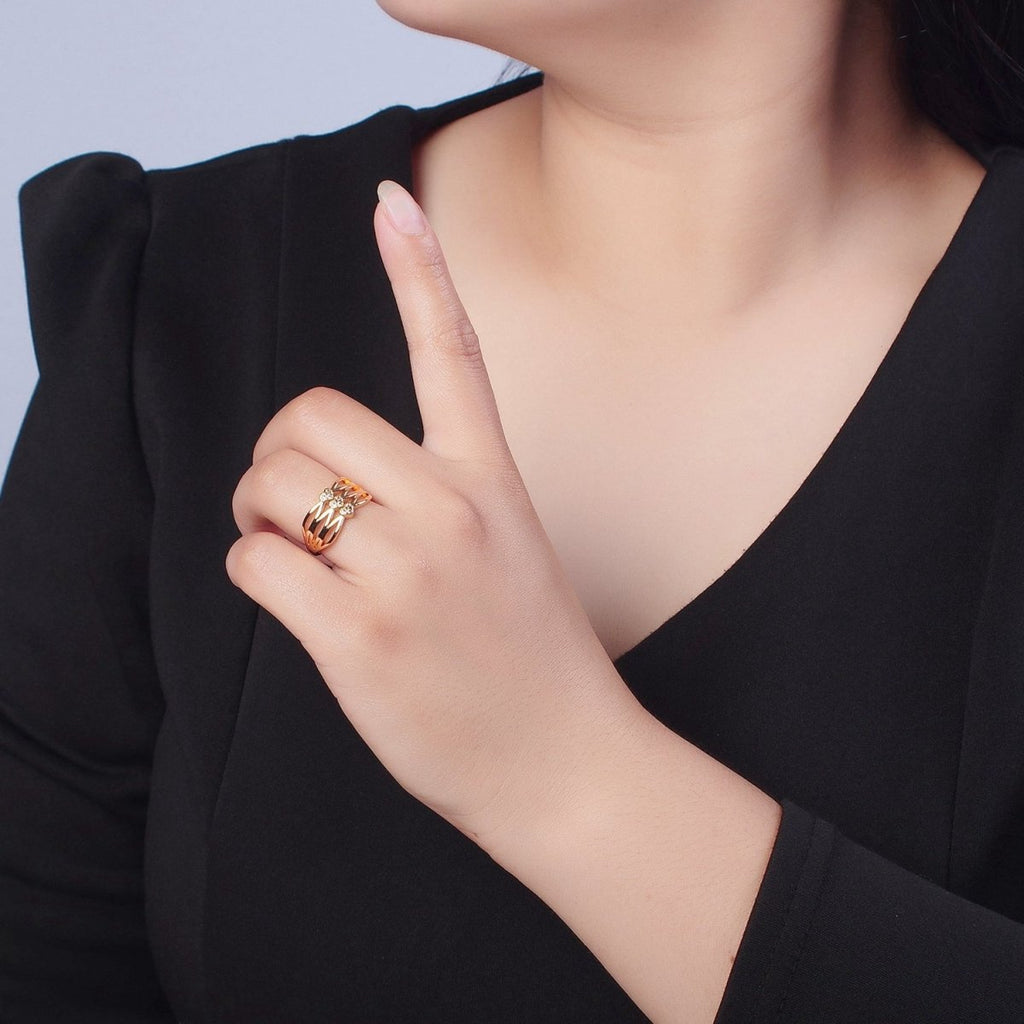 24K Gold plated Triple Sharp Oval Band Micro Pave Clear Three Hearts Cubic Zirconia Adjustable Ring S-231 - DLUXCA