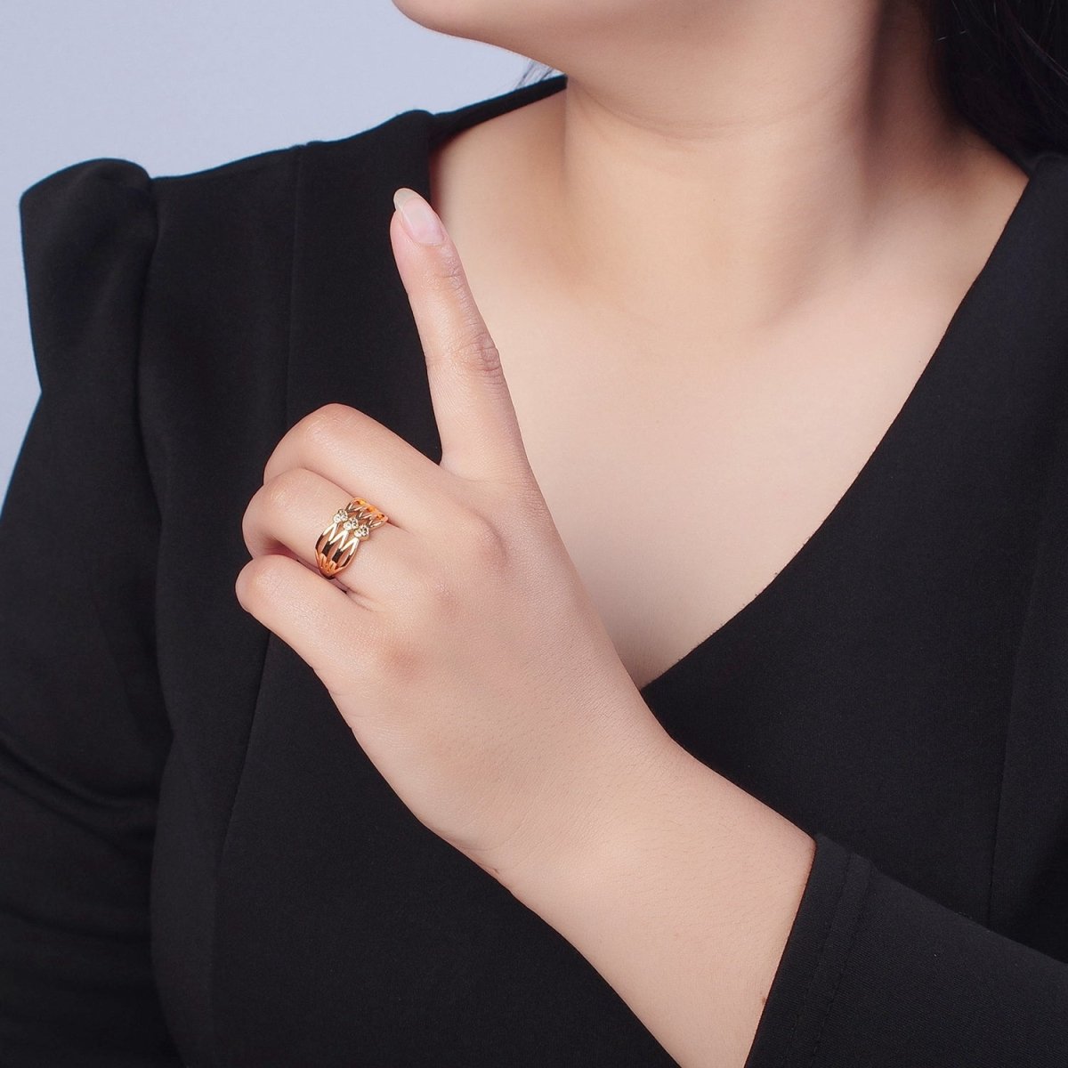 24K Gold plated Triple Sharp Oval Band Micro Pave Clear Three Hearts Cubic Zirconia Adjustable Ring S-231 - DLUXCA