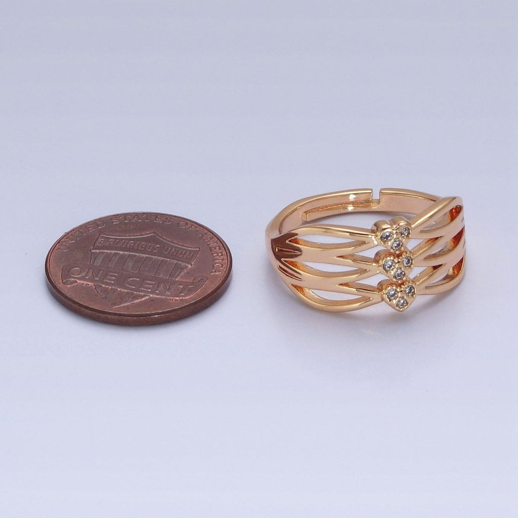 24K Gold plated Triple Sharp Oval Band Micro Pave Clear Three Hearts Cubic Zirconia Adjustable Ring S-231 - DLUXCA