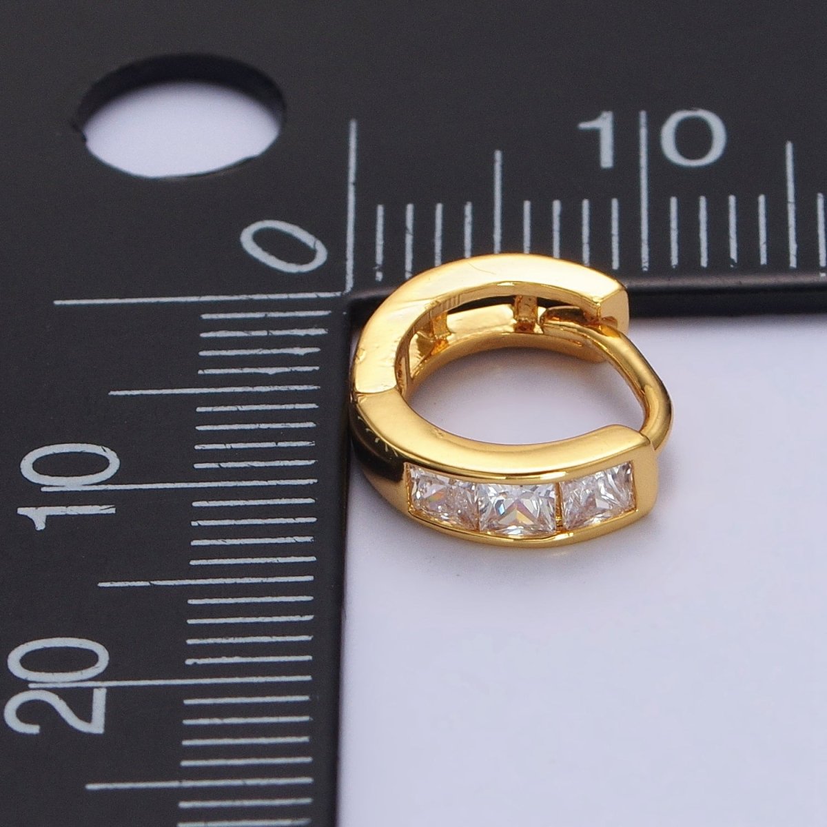 24K Gold plated Triple Square Clear CZ 11mm Huggie Earrings | AB146 - DLUXCA