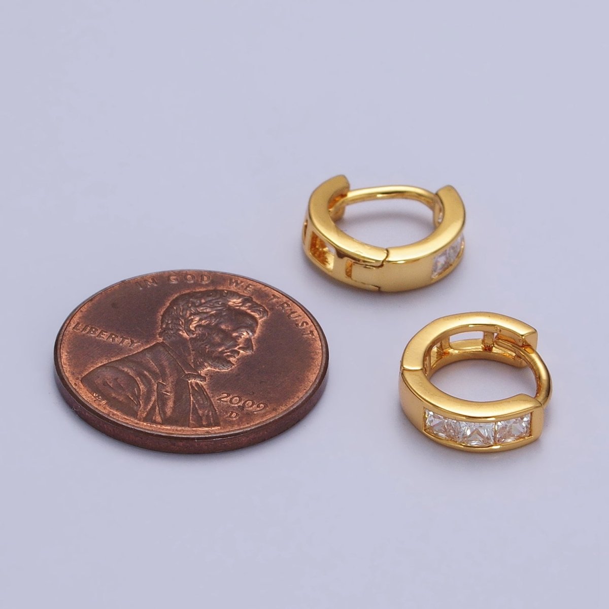 24K Gold plated Triple Square Clear CZ 11mm Huggie Earrings | AB146 - DLUXCA
