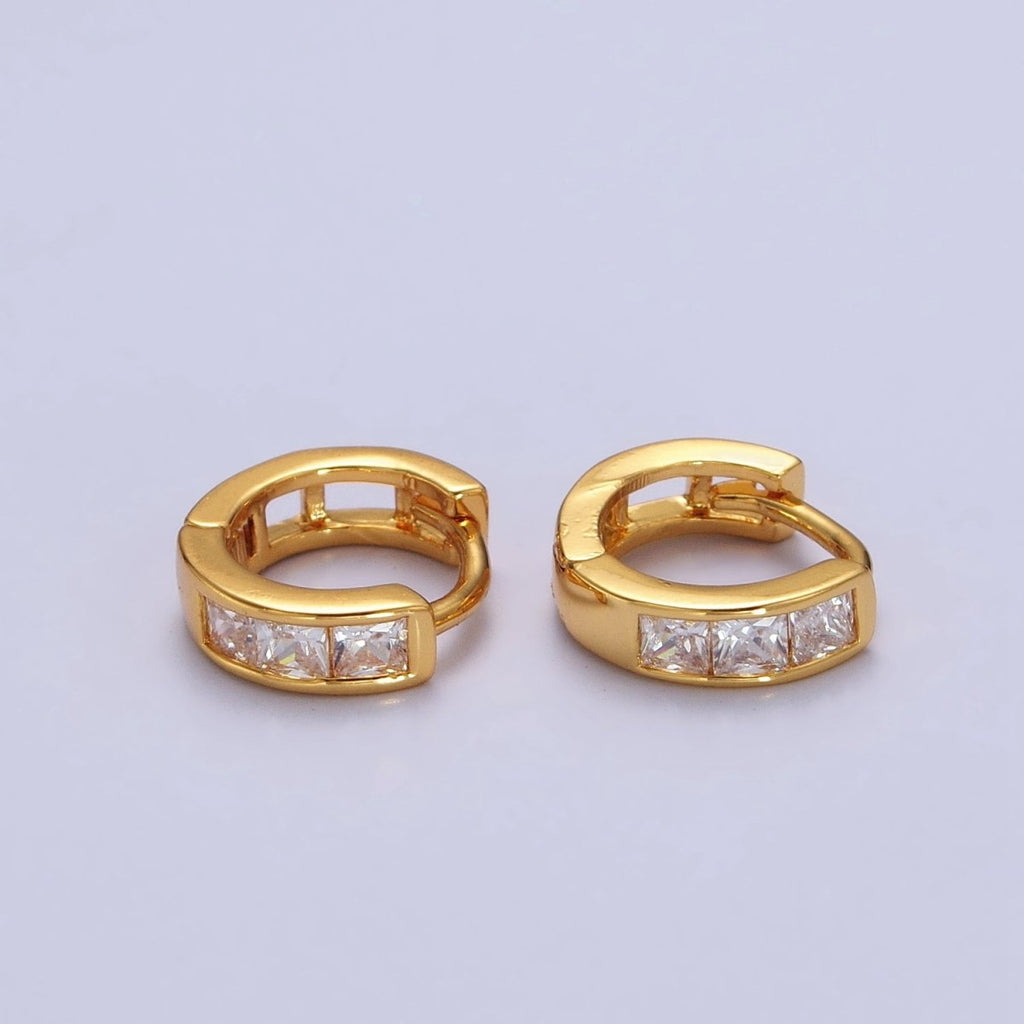 24K Gold plated Triple Square Clear CZ 11mm Huggie Earrings | AB146 - DLUXCA