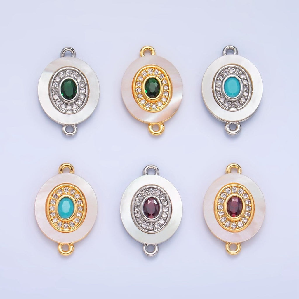 24K Gold plated Turquoise, Green, Red CZ Shell Pearl Oval Connector | F823 F825 F831