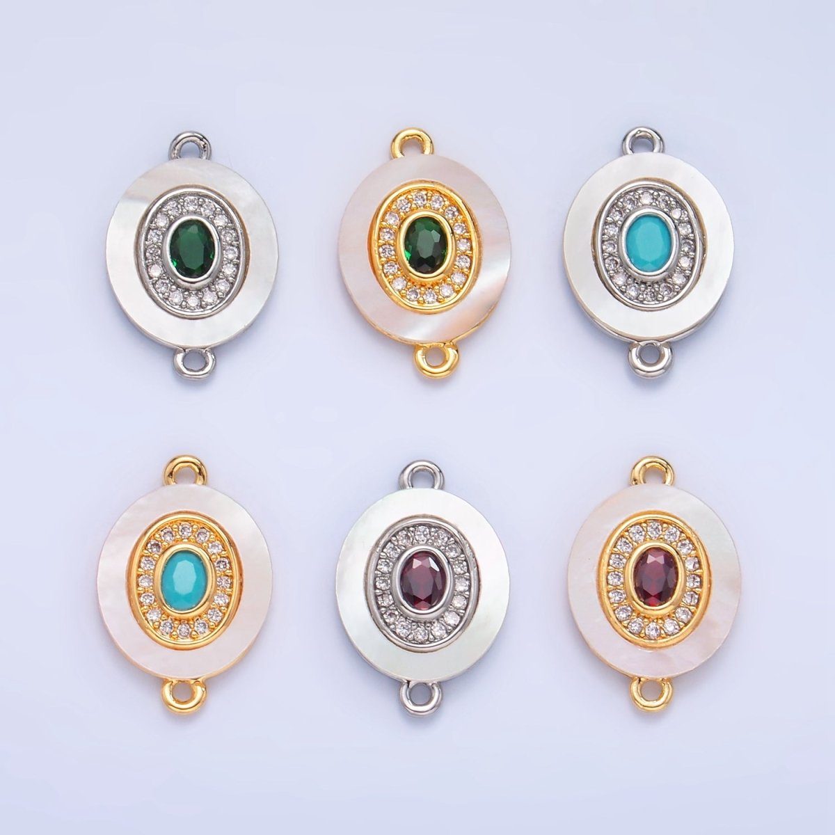24K Gold plated Turquoise, Green, Red CZ Shell Pearl Oval Connector | F823 F825 F831