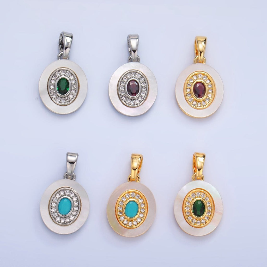 24K Gold plated Turquoise, Green, Red CZ Shell Pearl Oval Pendant | AA1041 - AA1043 - DLUXCA