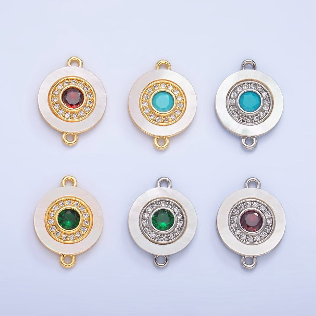24K Gold plated Turquoise, Green, Red CZ Shell Pearl Round Connector | F769 - F793