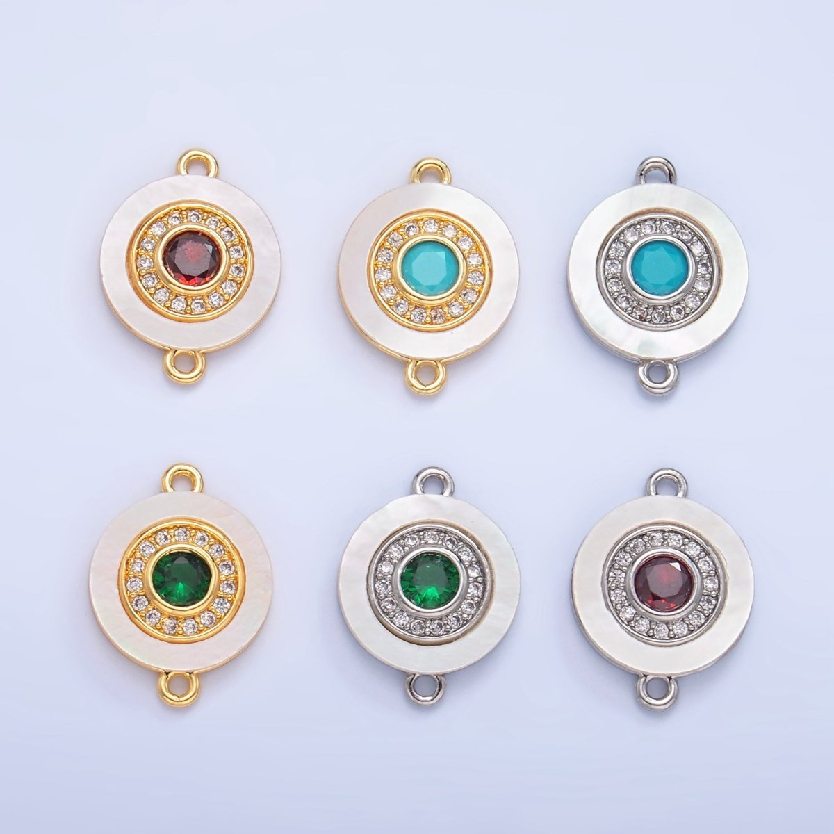 24K Gold plated Turquoise, Green, Red CZ Shell Pearl Round Connector | F769 - F793