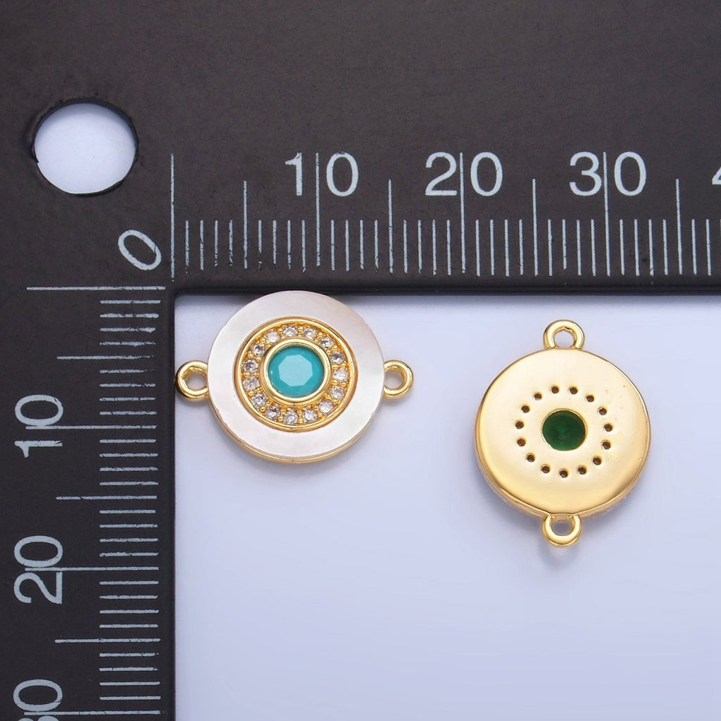 24K Gold plated Turquoise, Green, Red CZ Shell Pearl Round Connector | F769 - F793