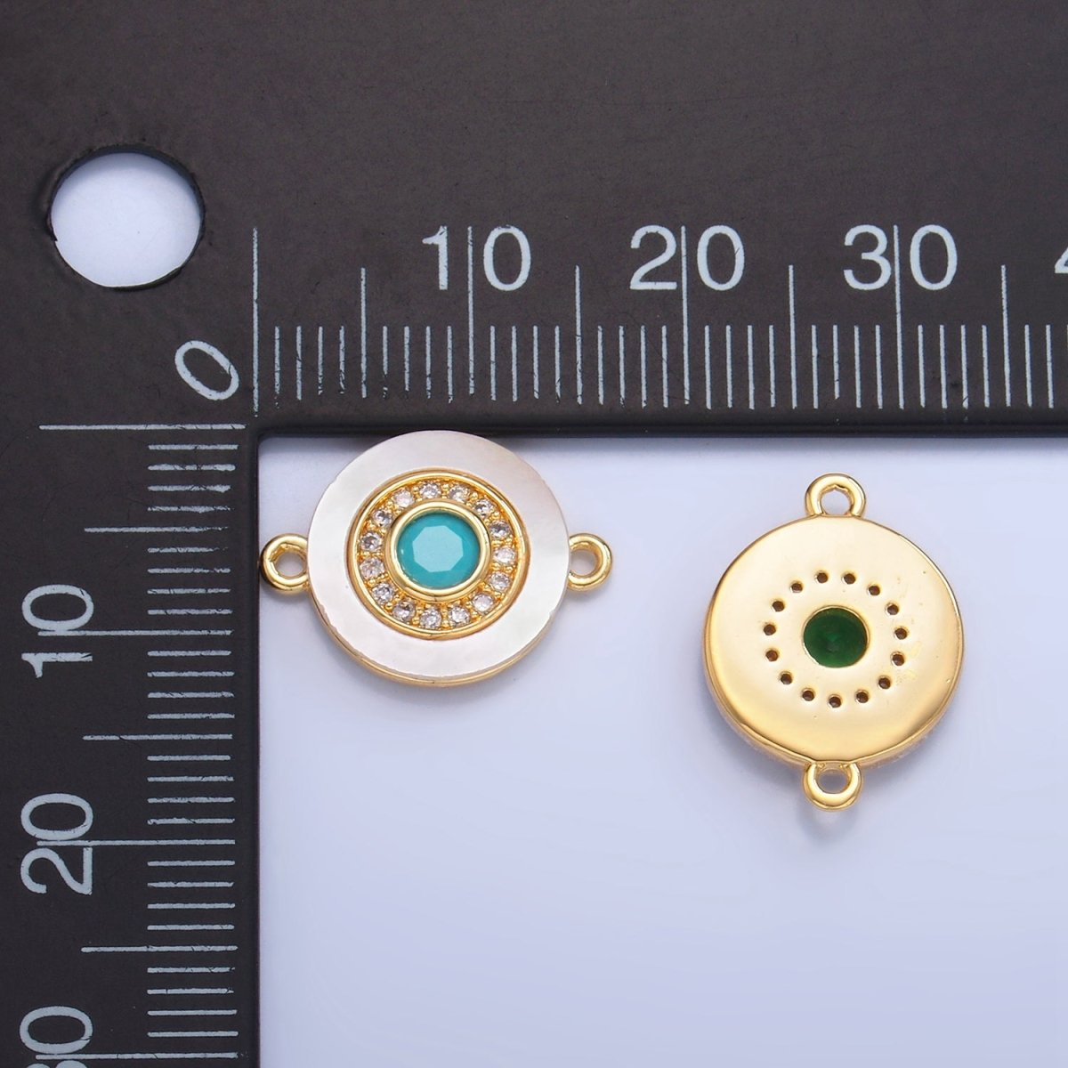 24K Gold plated Turquoise, Green, Red CZ Shell Pearl Round Connector | F769 - F793