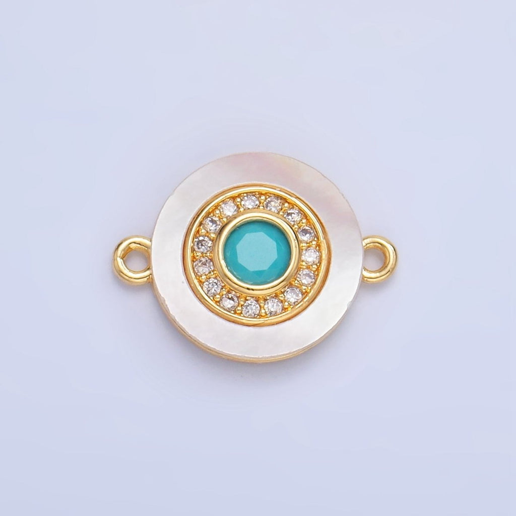 24K Gold plated Turquoise, Green, Red CZ Shell Pearl Round Connector | F769 - F793