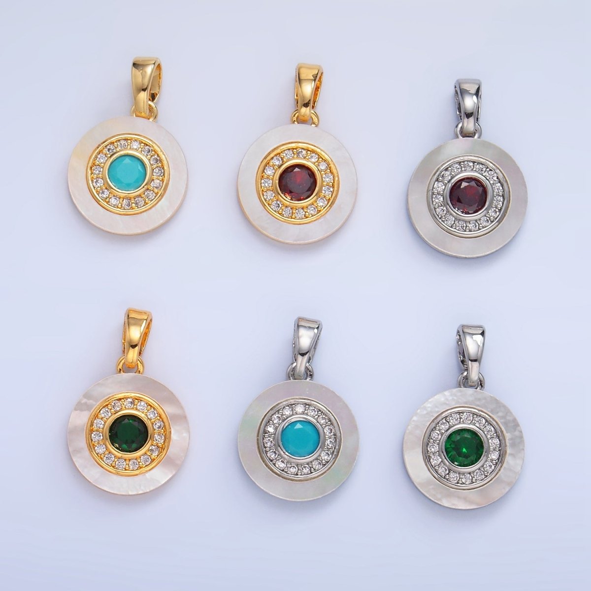 24K Gold plated Turquoise, Green, Red CZ Shell Pearl Round Pendant | AA1038 - AA1040 - DLUXCA