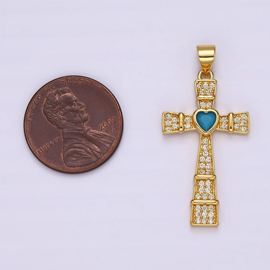 24K Gold plated Turquoise Heart Micro Paved Lined Latin Cross Pendant | AH-081 - DLUXCA