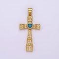 24K Gold plated Turquoise Heart Micro Paved Lined Latin Cross Pendant | AH-081 - DLUXCA