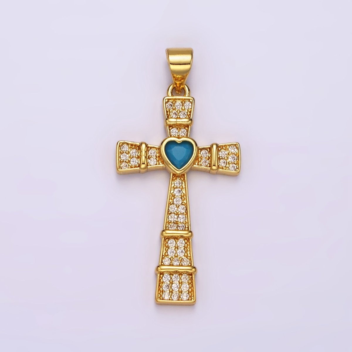 24K Gold plated Turquoise Heart Micro Paved Lined Latin Cross Pendant | AH-081 - DLUXCA