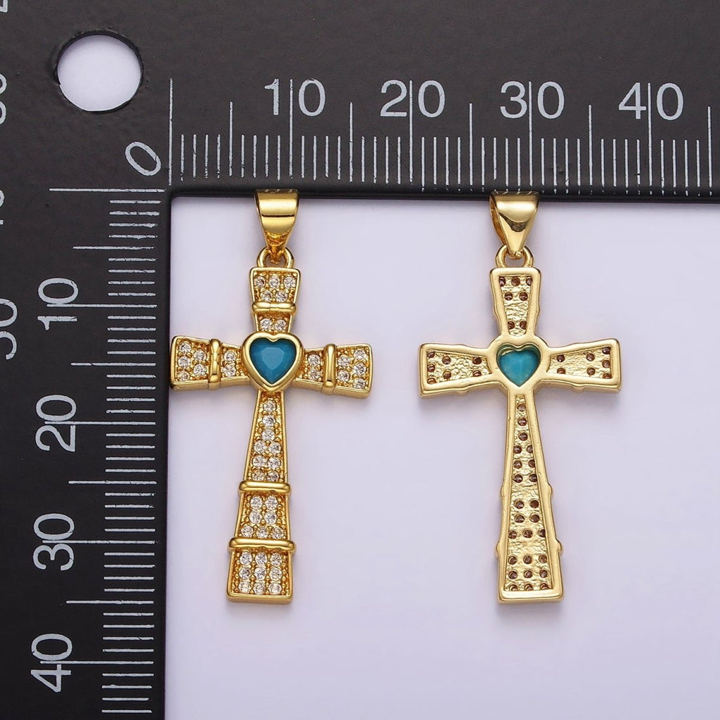24K Gold plated Turquoise Heart Micro Paved Lined Latin Cross Pendant | AH-081 - DLUXCA