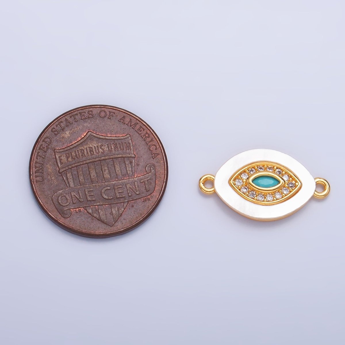 24K Gold plated Turquoise Micro Paved CZ Shell Pearl Evil Eye Sphere Connector | F914 - DLUXCA