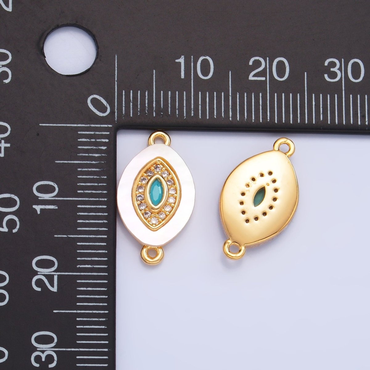 24K Gold plated Turquoise Micro Paved CZ Shell Pearl Evil Eye Sphere Connector | F914 - DLUXCA