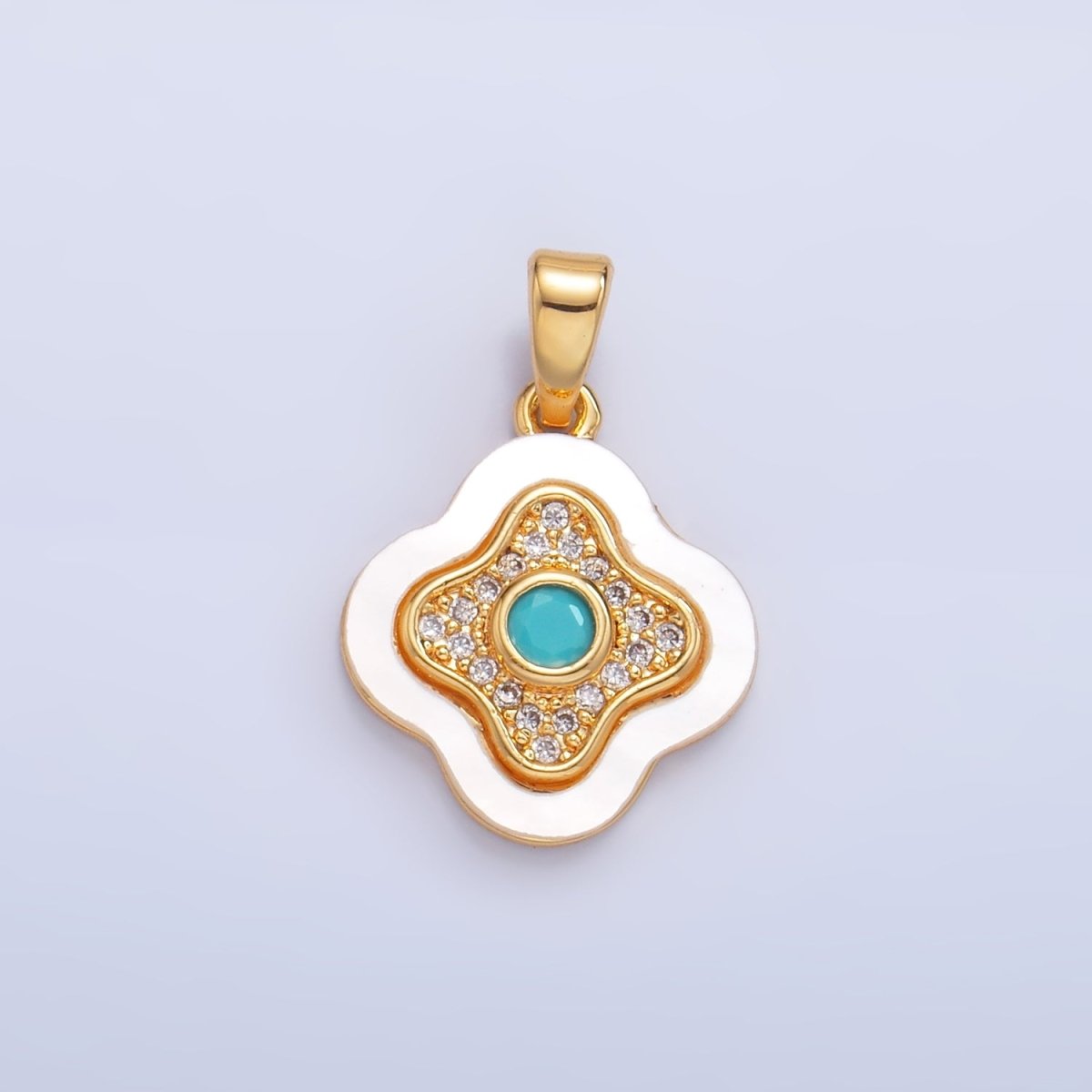 24K Gold plated Turquoise Micro Paved CZ Shell Pearl Quatrefoil Pendant | AA1053 - DLUXCA