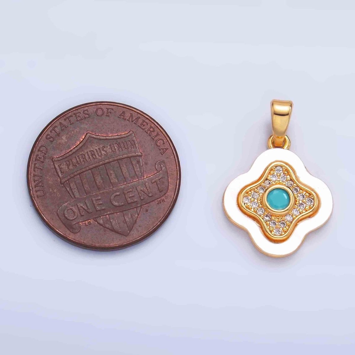24K Gold plated Turquoise Micro Paved CZ Shell Pearl Quatrefoil Pendant | AA1053 - DLUXCA