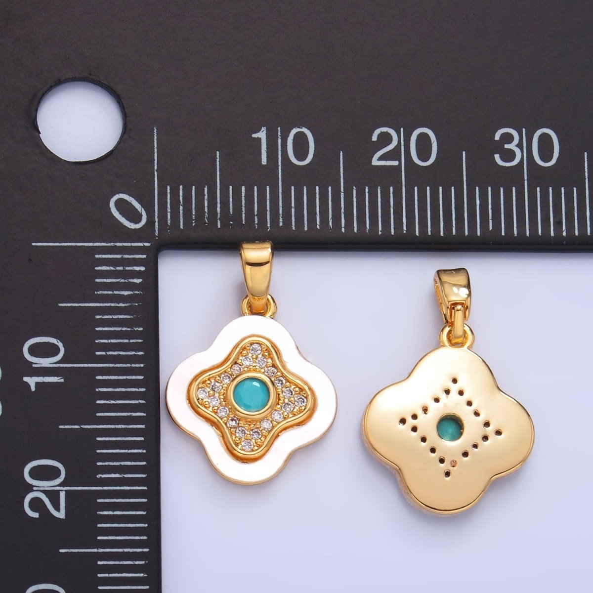 24K Gold plated Turquoise Micro Paved CZ Shell Pearl Quatrefoil Pendant | AA1053 - DLUXCA