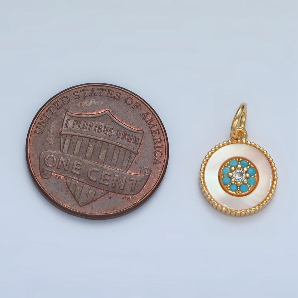 24K Gold plated Turquoise Micro Paved Shell Pearl Round Charm | M869 - DLUXCA